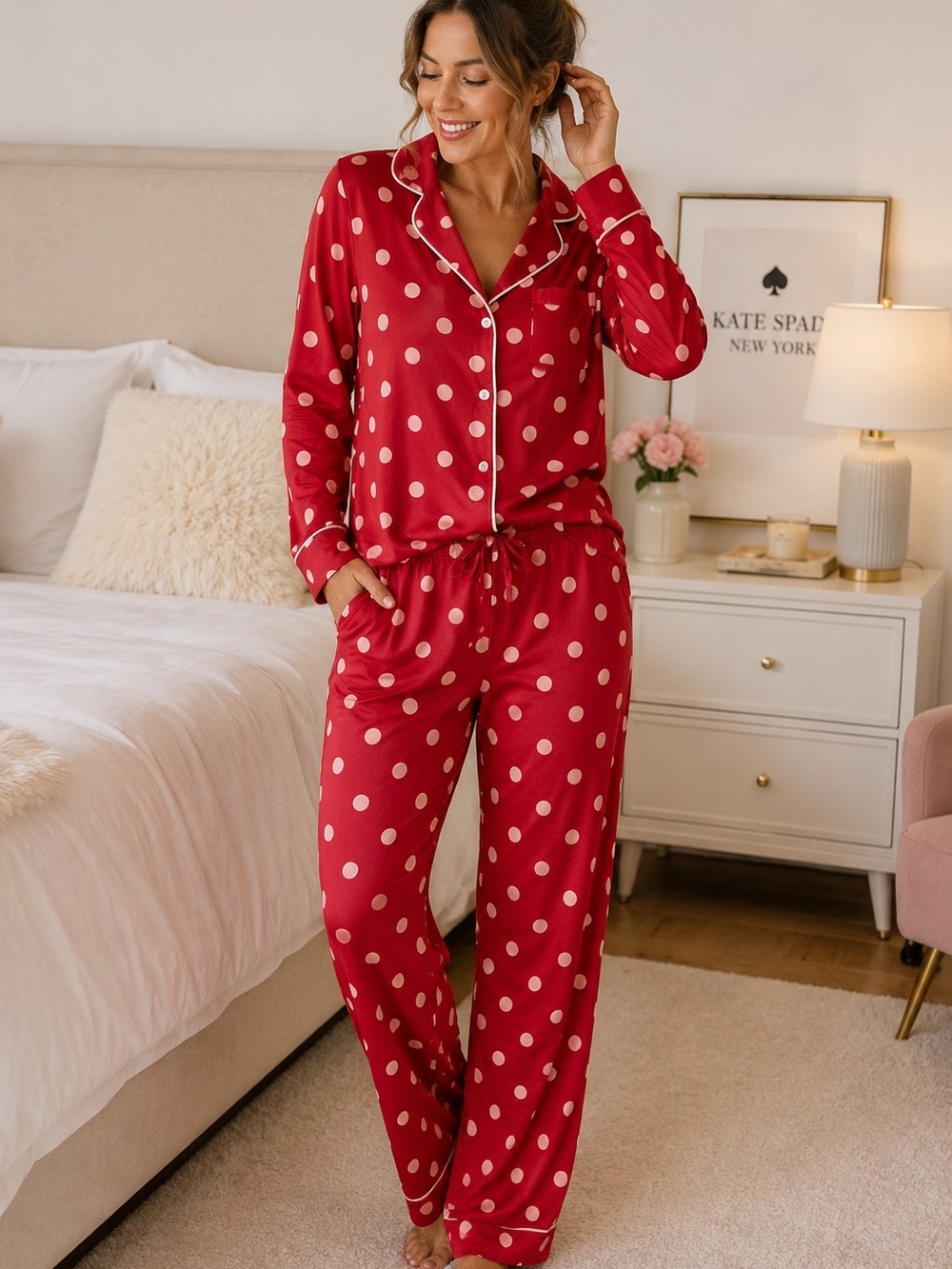 Kate Spade New YorkPolka Dot Satin Pajama Set - Medium